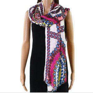 INC Women's White Multi Printed Fringed Shawl / Scarf